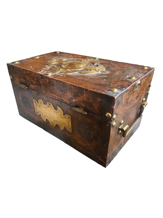 None Other - Antique Anglo-Indian Coper Clad Wood Box Brass Hardware & Handles c.1900 Patina